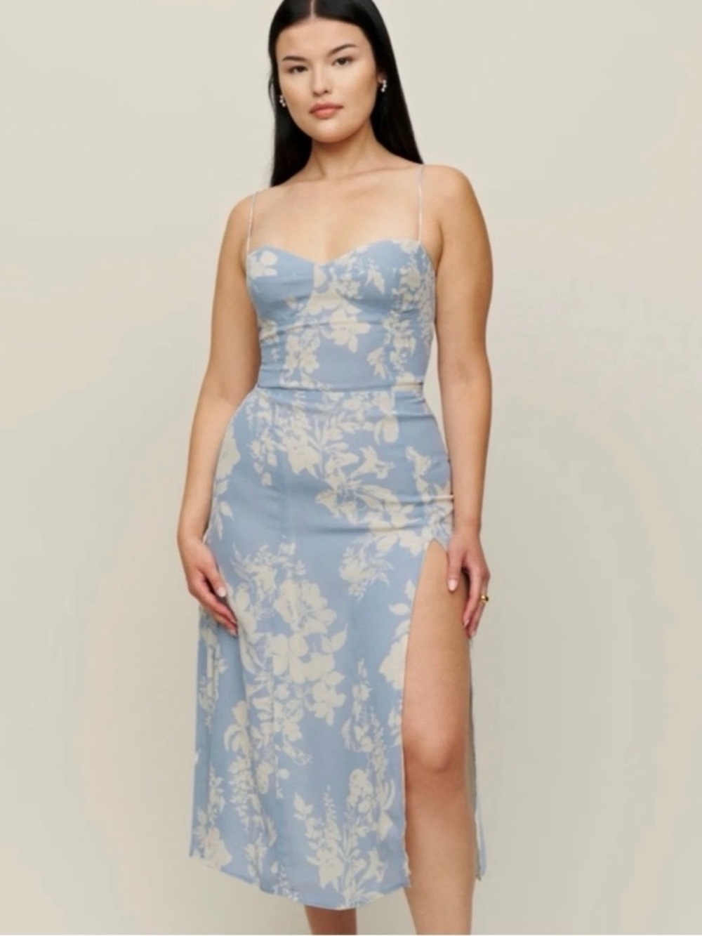 Reformation Powder Blue Floral Midi Dress with Cream Print